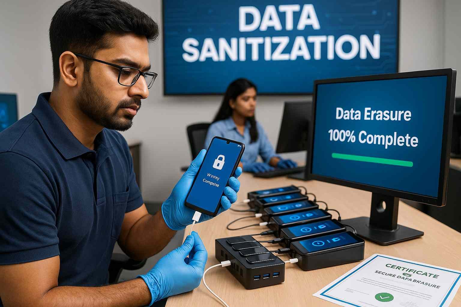 Data Sanitization lab securely erasing smartphones using forensic wiping Data Erasure 100 Percent Complete with certificate of secure data erasure desk www.datasanitization.in