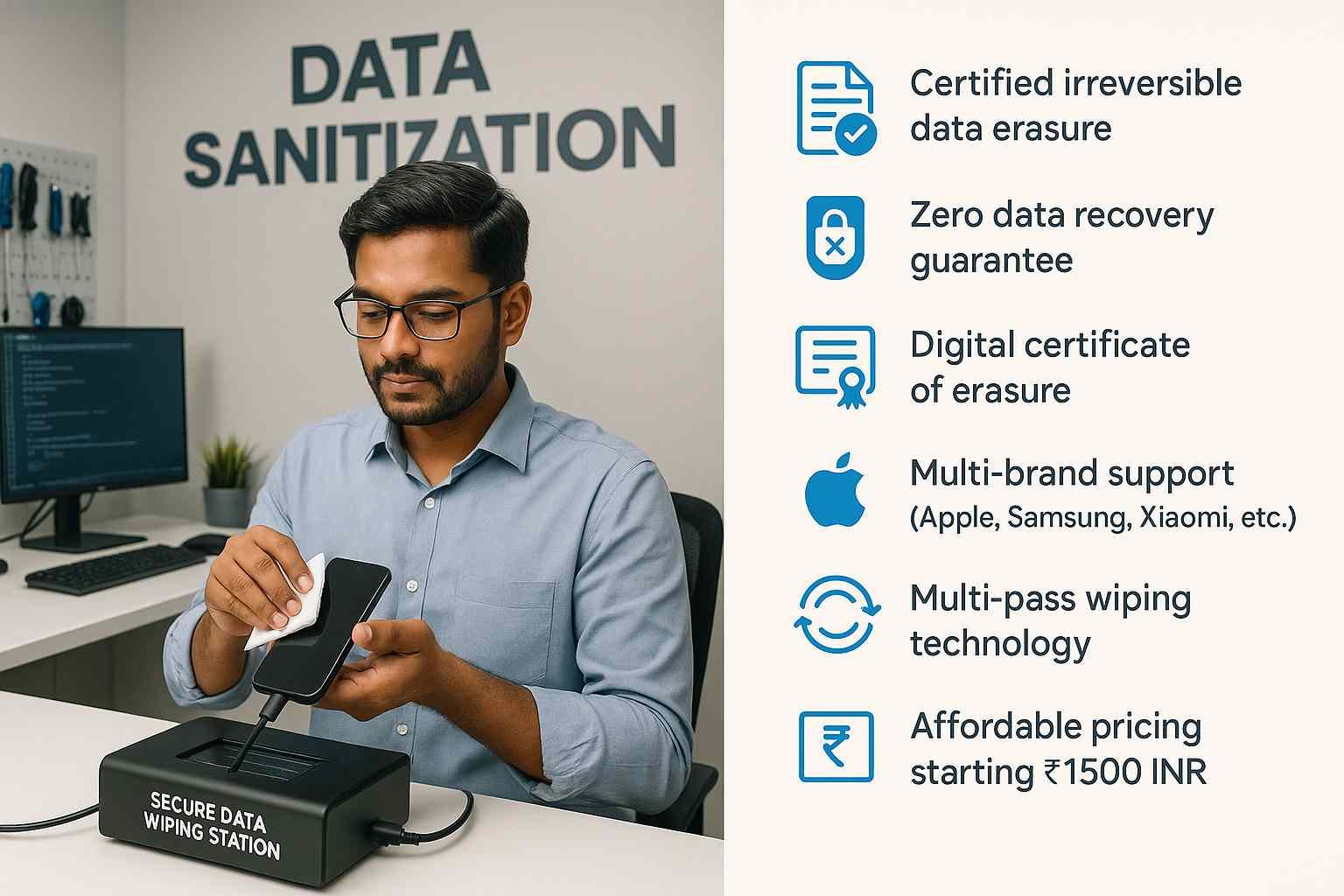 Data Sanitization lab using secure data wiping on smartphone service offers certified erasure zero recovery certificate support for brands from ₹1500 INR www.datasanitization.in