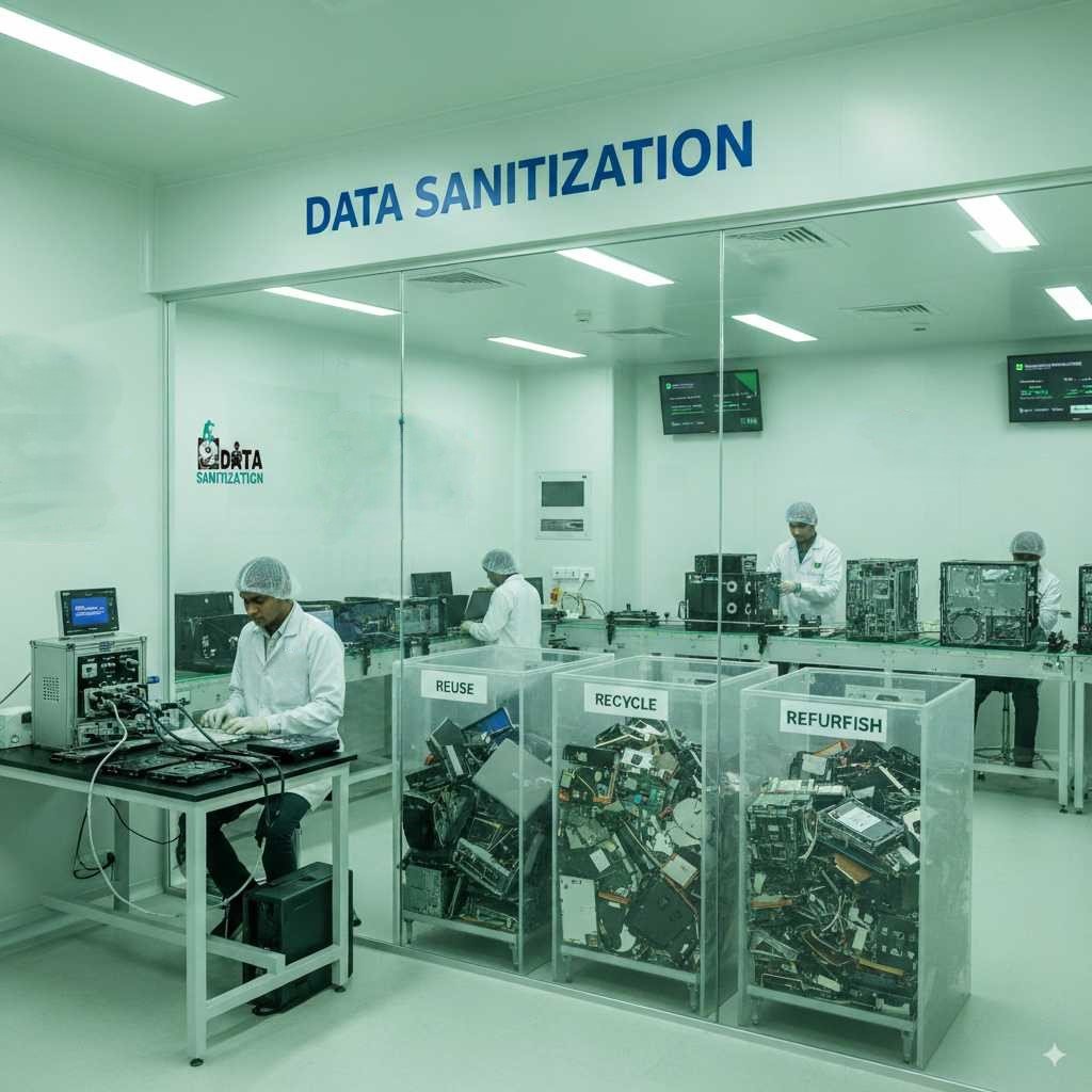 Eco-friendly IT disposal certified data sanitization reduce e-waste recycle old devices secure data wiping sustainability reused materials minimize environmental impact www.datasanitization.in