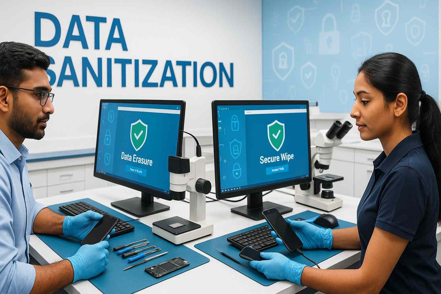 data sanitization experts securely wiping smartphones using advanced data erasure software modern lab equipped with disassembly tools microscopes anti static mats www.datasanitization.in