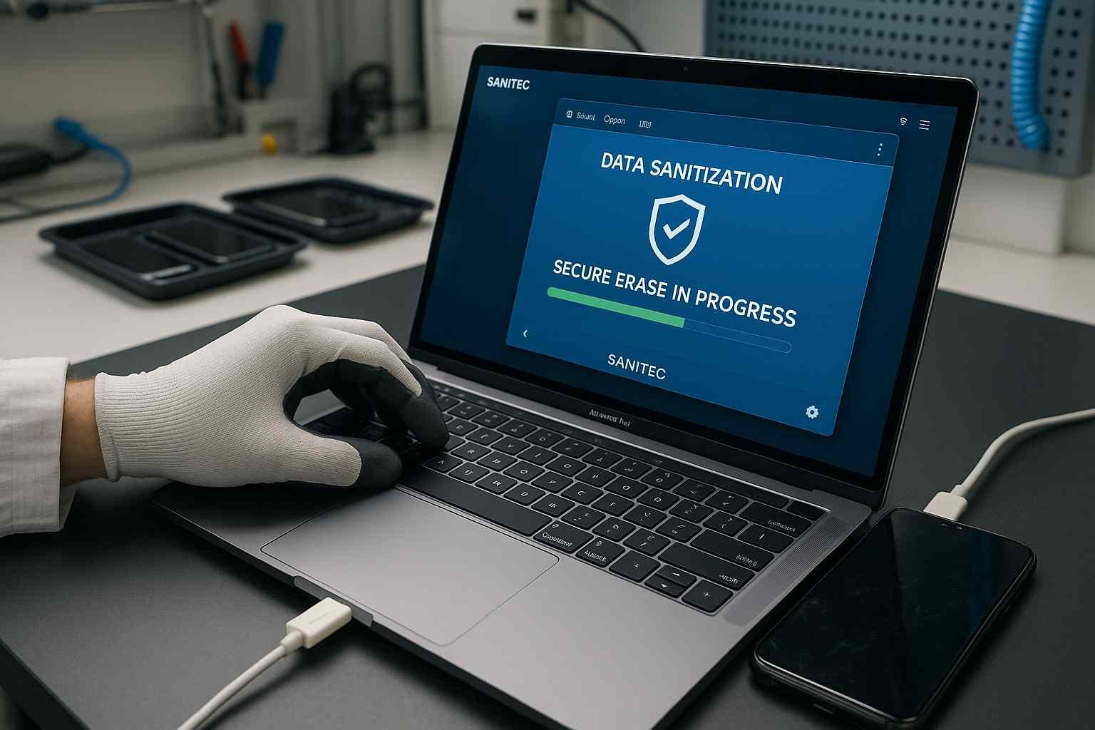secure smartphone erasure using data sanitization software technician ensures complete data wipe in clean lab setup with tools and trays visit www.datasanitization.in