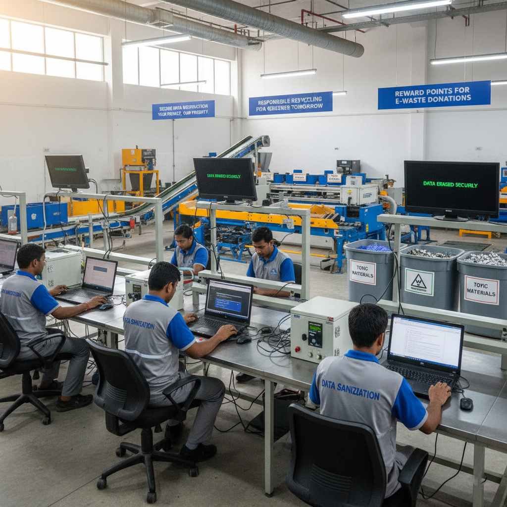 e-waste disposal india data security recycling 2025 environmental harm mercury lead cadmium eco-friendly disposal secure data wipe rewards informal sector www.datasanitization.in