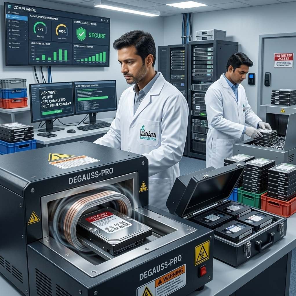 corporate data destruction degaussing secure data wipe hard drives servers ssd mobile devices it asset disposal compliance certified erasure india www.datasanitization.in