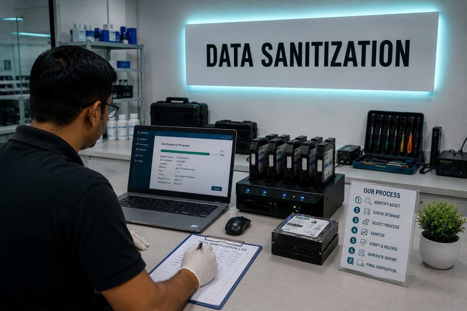 corporate data sanitization workflow for asset identification storage checks secure data erasure verification reporting certificates and final device disposition at www.datasanitization.in